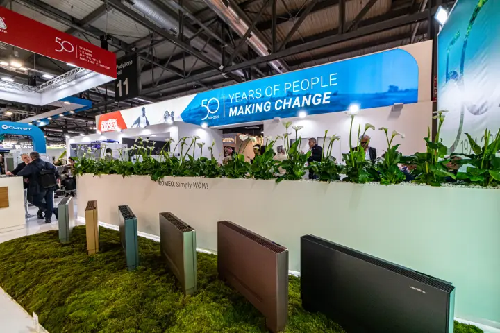 Ventilclima 'Romeo' fan coils in several finishes on a bed of moss at MCE 2024