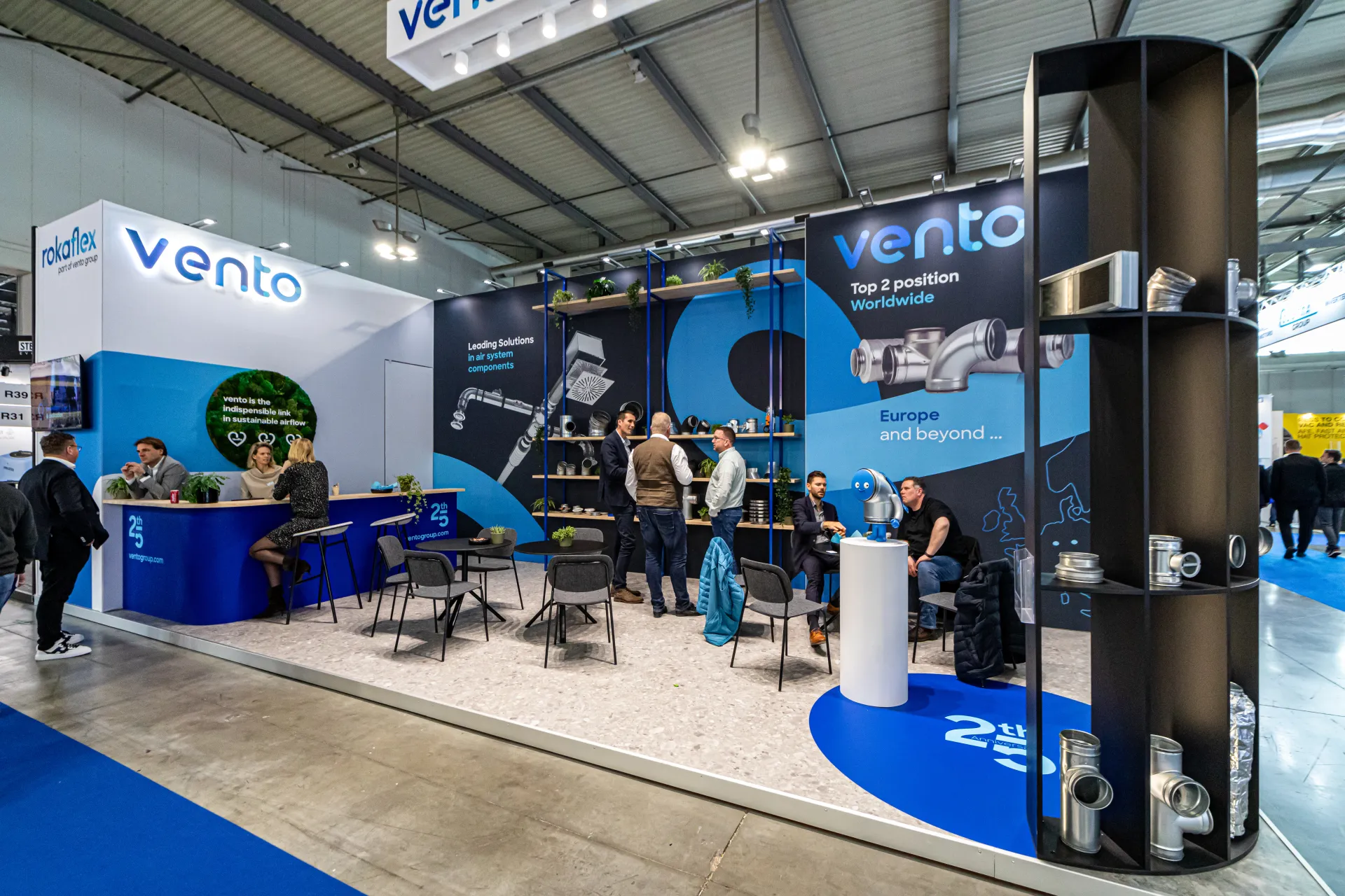 Vento stand with duct fitting shelves and 25th anniversary bar at MCE 2024