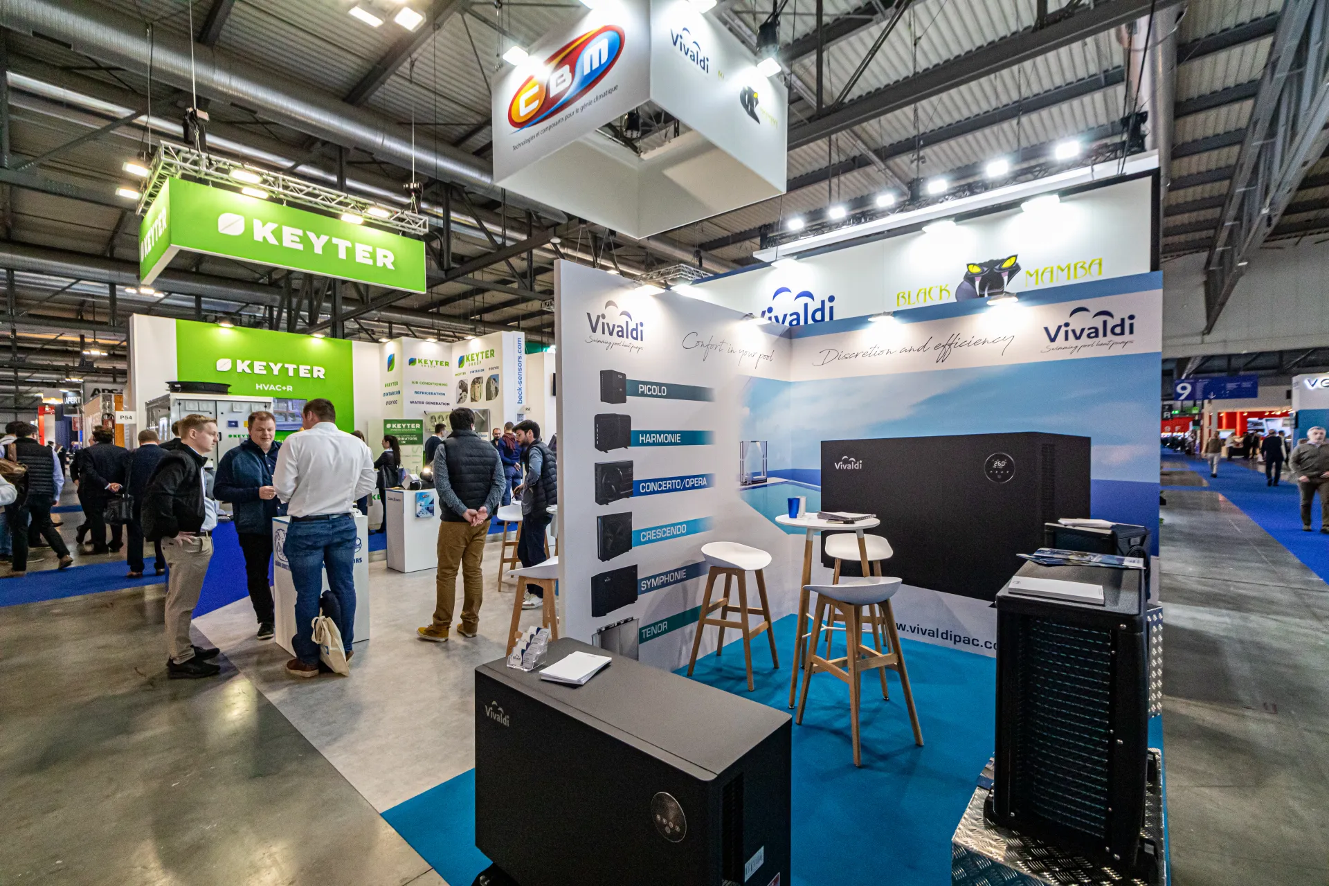 Vivaldi swimming pool heat pumps under a suspended CBM sign at MCE 2024