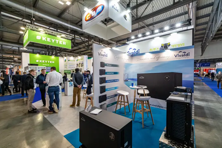 Vivaldi swimming pool heat pumps under a suspended CBM sign at MCE 2024