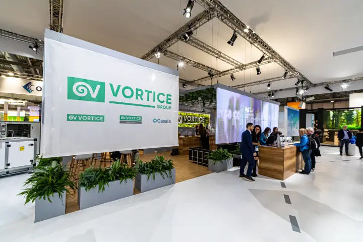 Vortice Group banner with brand logos at the stand reception at MCE 2024
