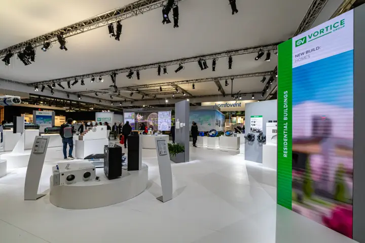 Vortice stand overview with residential units and LED column at MCE 2024
