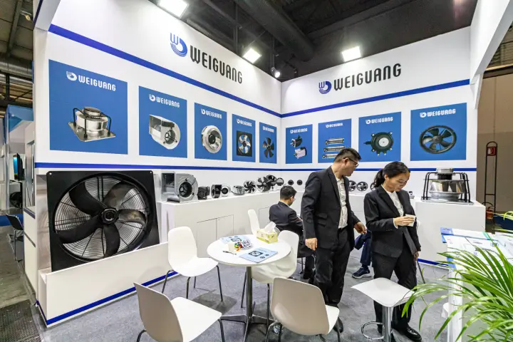 Weiguang stand with large axial fan and centrifugal fan range on white shelves at MCE 2024