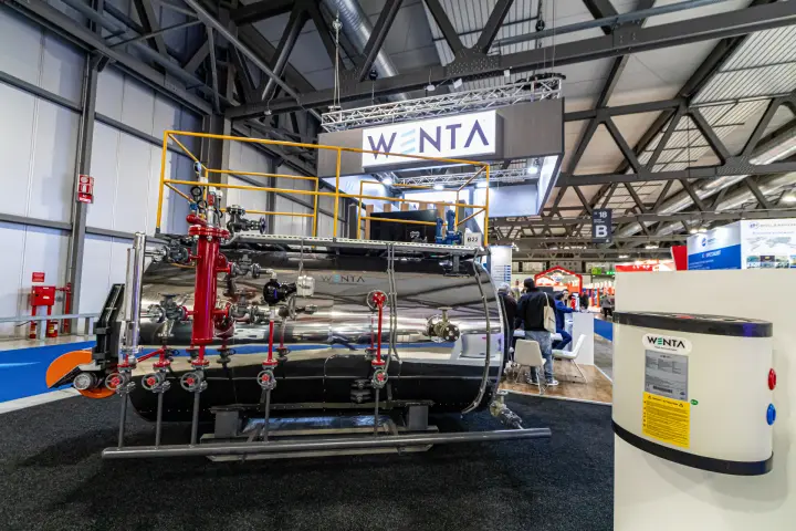 Wenta boiler with yellow service railing and red columns