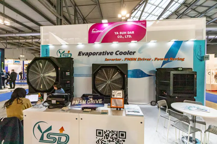 Ya Suh Dar stand with large evaporative coolers and PMSM drive display at MCE 2024