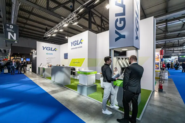 YGLA ventilation filters stand along gangway N with ISO 16890 filter displays at MCE 2024