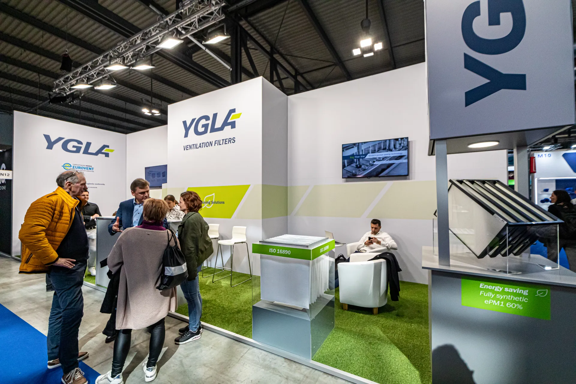 YGLA ventilation filters stand with ISO 16890 filter and artificial grass at MCE 2024
