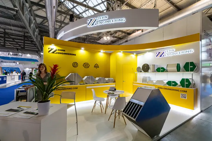 Zern Engineering stand with plate and rotary heat exchangers on yellow walls at MCE 2024