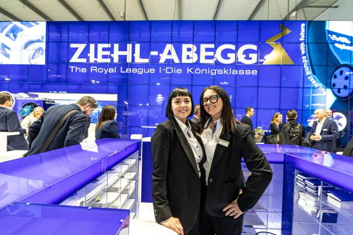 Ziehl-Abegg staff at brochure counters below the Royal League logo at MCE 2024