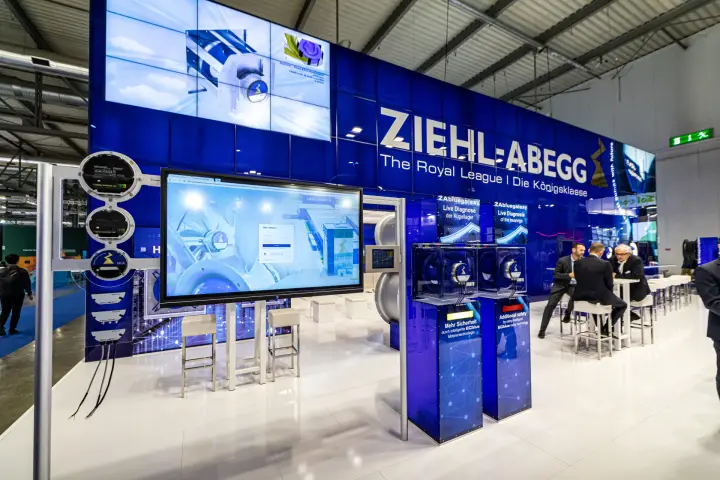 Ziehl-Abegg stand overview with control electronics, screens and logo wall at MCE 2024