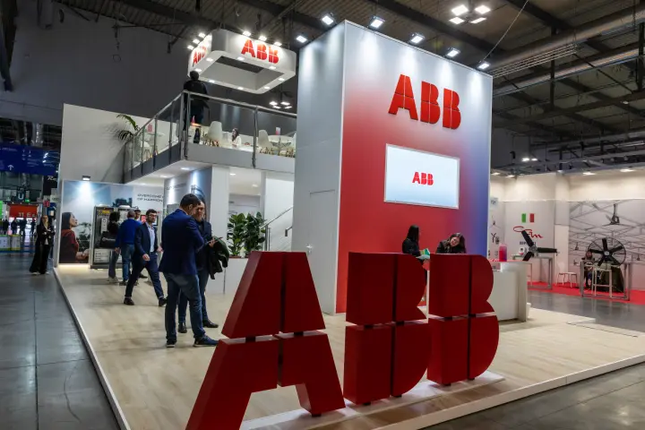 ABB double-deck stand with giant red letters and upper meeting deck at MCE 2026