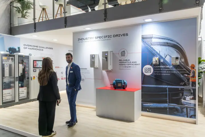 ABB drives wall with IE5 SynRM motor and HVACR frequency converters at MCE 2026