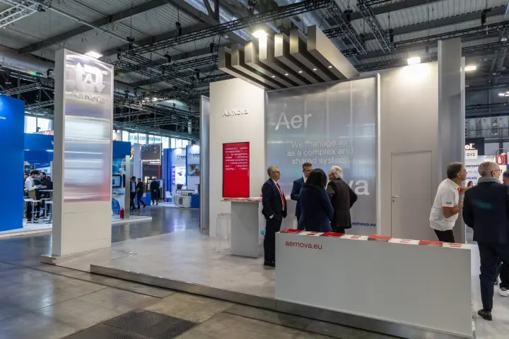AerNova stand corner with logo tower and aernova.eu counter at MCE 2026
