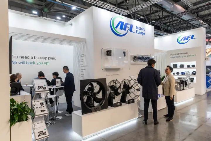 AFL axial fans below 'Compact fans for small HRUs' and a meeting area at MCE 2026