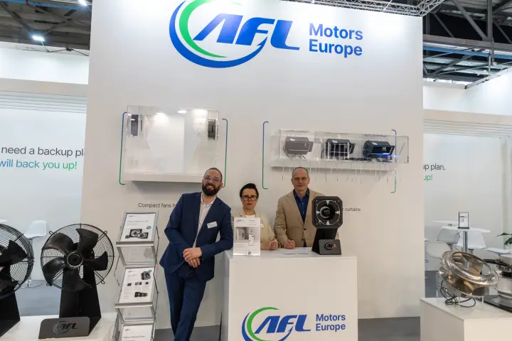 AFL Motors Europe back wall with logo and acrylic fan display cases at MCE 2026