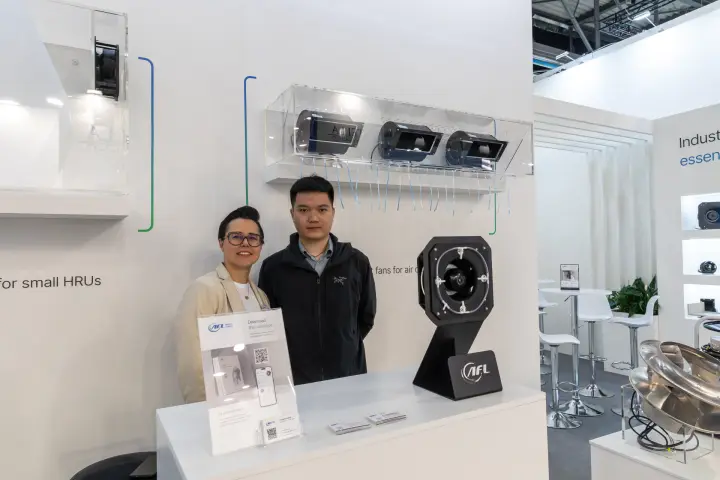 AFL Motors Europe counter with fan module and centrifugal blowers at MCE 2026