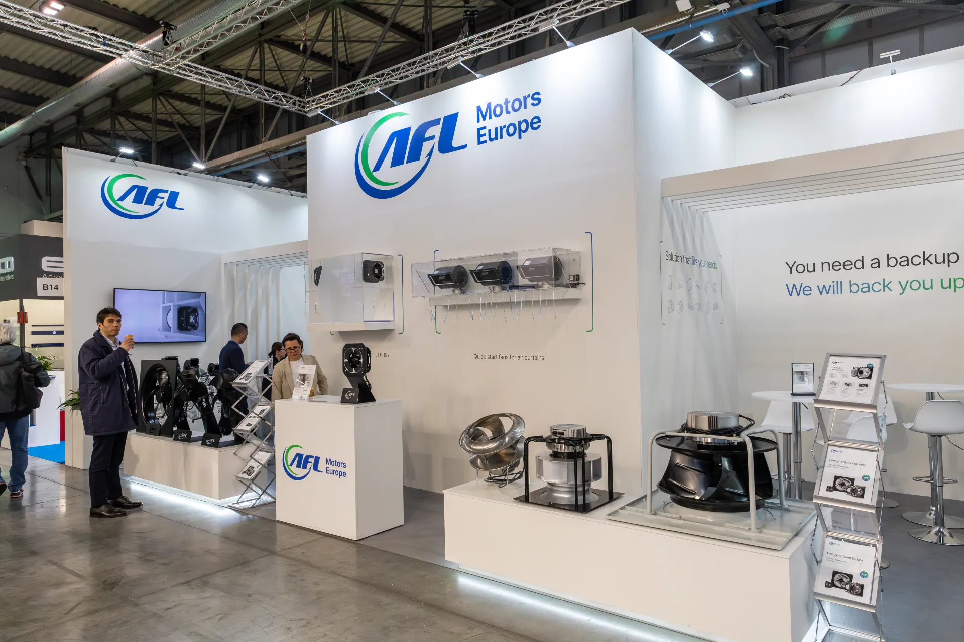AFL Motors Europe stand front with air-curtain and centrifugal fans at MCE 2026