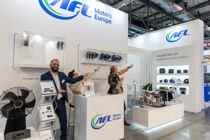 AFL Motors Europe stand with 'Industrial fans are essential' display wall at MCE 2026