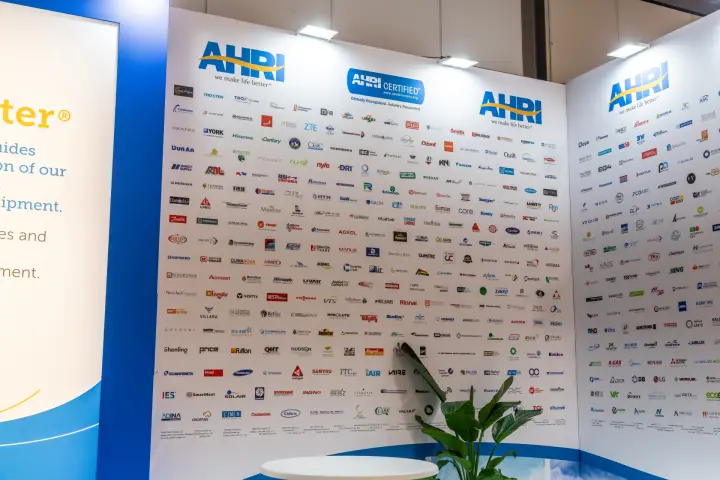 AHRI certified logo wall beside a blue information panel at MCE 2026