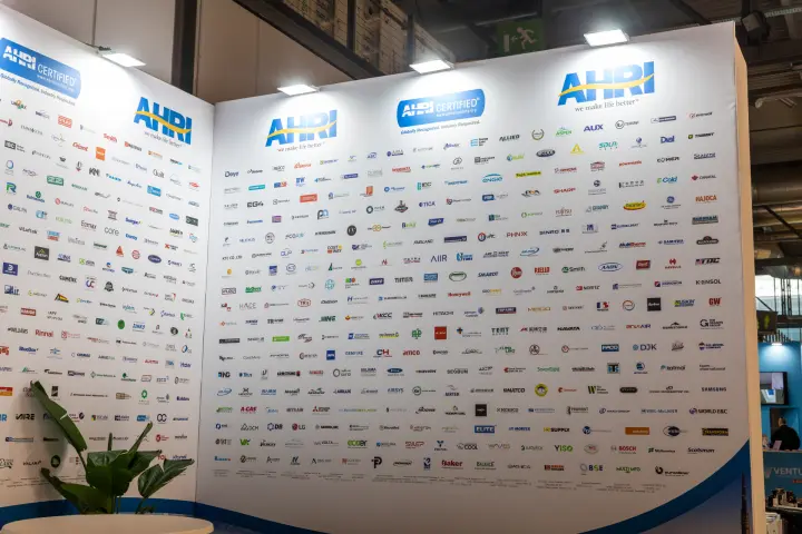AHRI corner wall of certified manufacturer logos at MCE 2026