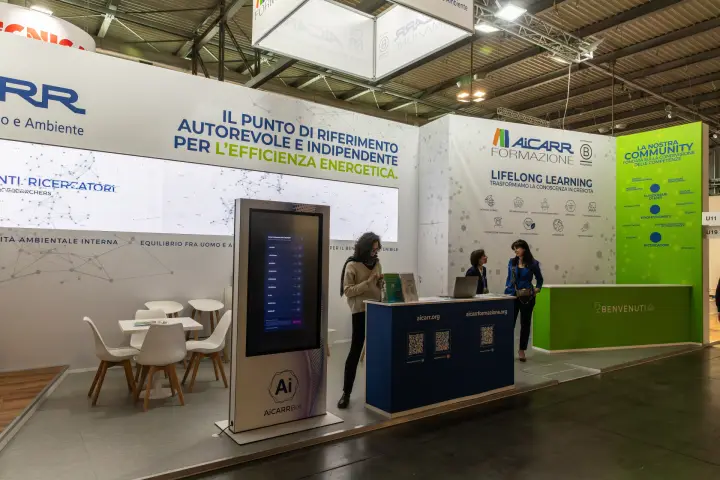AiCARR Formazione stand with AiCARRBot touchscreen kiosk at MCE 2026