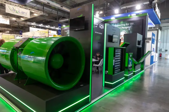 Aironn stand front with jet fan and green product displays at MCE 2026