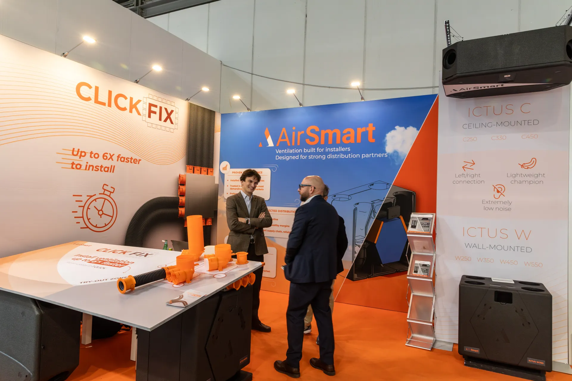 AirSmart stand with ClickFix try-out zone and Ictus ventilation units at MCE 2026