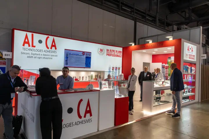 AL·CA Technologies Adhesives stand with silicone sealants and adhesive tapes
