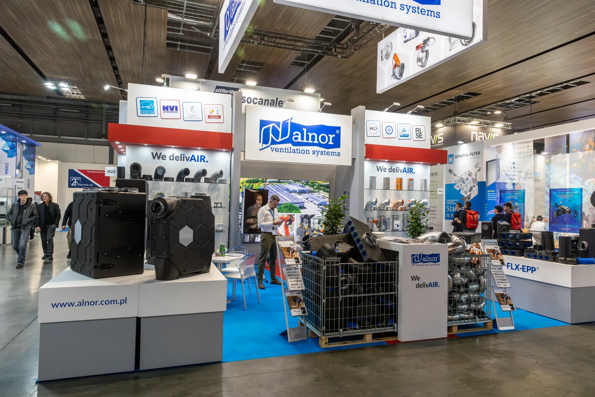 Alnor stand with EPP heat recovery units and duct fitting displays at MCE 2026