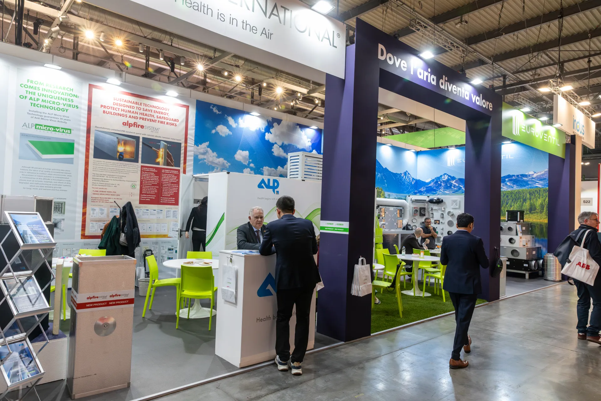 ALP stand with alpfire panel posters beside the purple Euroventil arch at MCE 2026