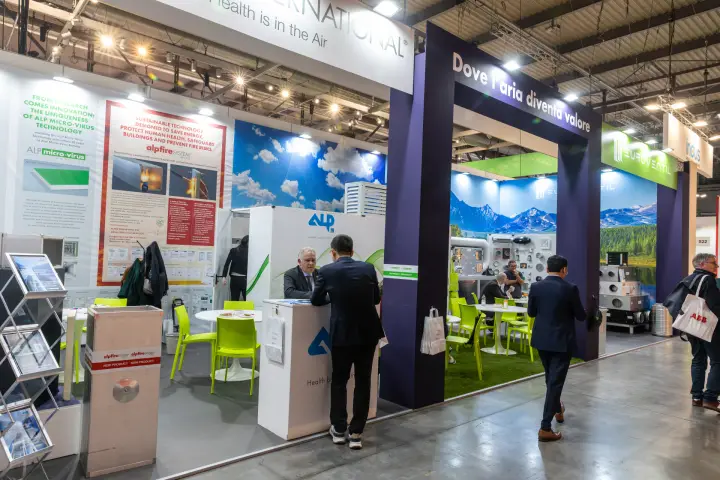 ALP stand with alpfire panel posters beside the purple Euroventil arch at MCE 2026