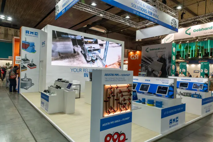 AMC Mecanocaucho stand with anti-vibration mounts and LED video wall at MCE 2026