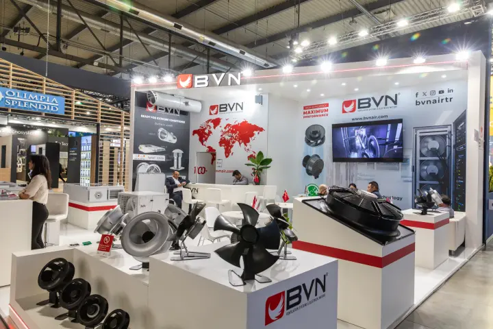 Angled view of BVN fans with a large axial fan on a tilted plinth at MCE 2026