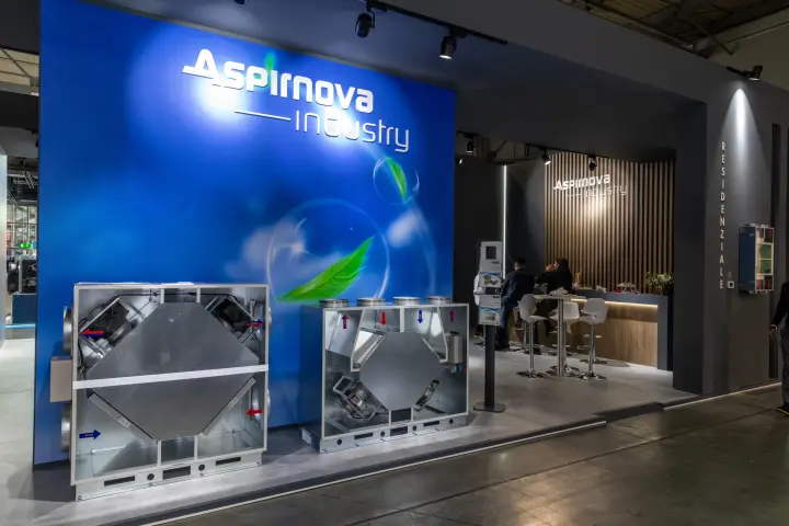 Aspirnova Industry stand with open heat recovery ventilation units at MCE 2026