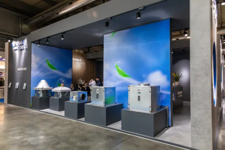 Aspirnova Industry stand with roof fans and cabinet fan units at MCE 2026
