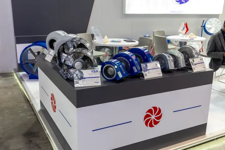 Ayas YBA in-line radial fans and SGF and AGF centrifugal blowers on a counter at MCE 2026