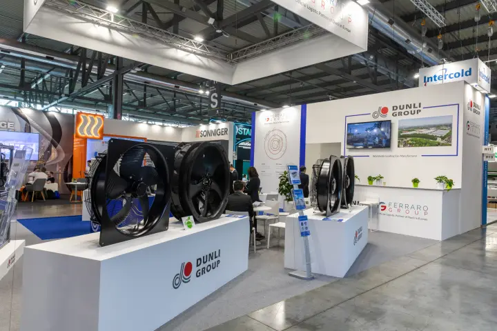 Black axial fans on Dunli Group plinths with Ferraro Group partner wall at MCE 2026
