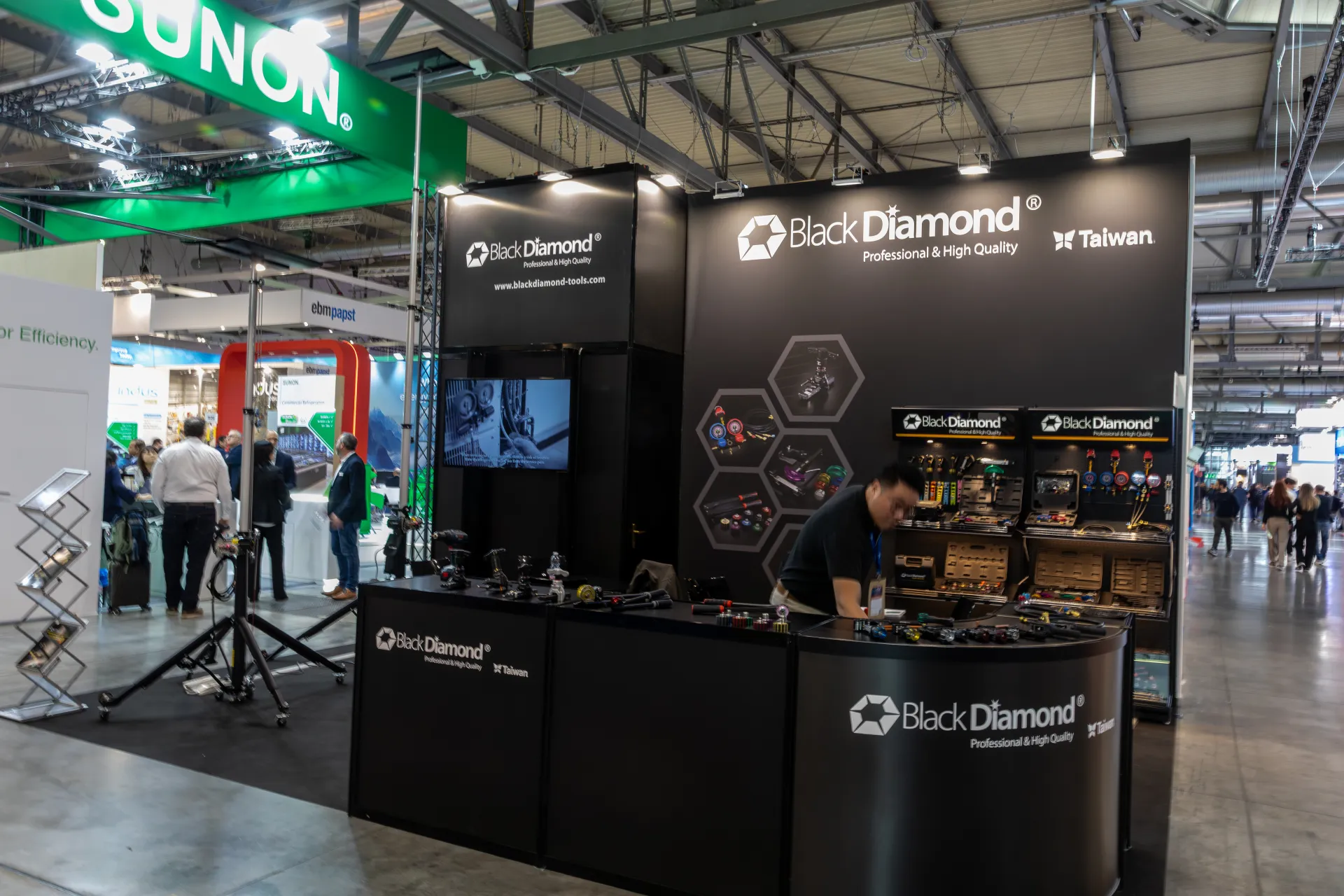 Black Diamond stand with refrigeration service tools and manifold gauges at MCE 2026