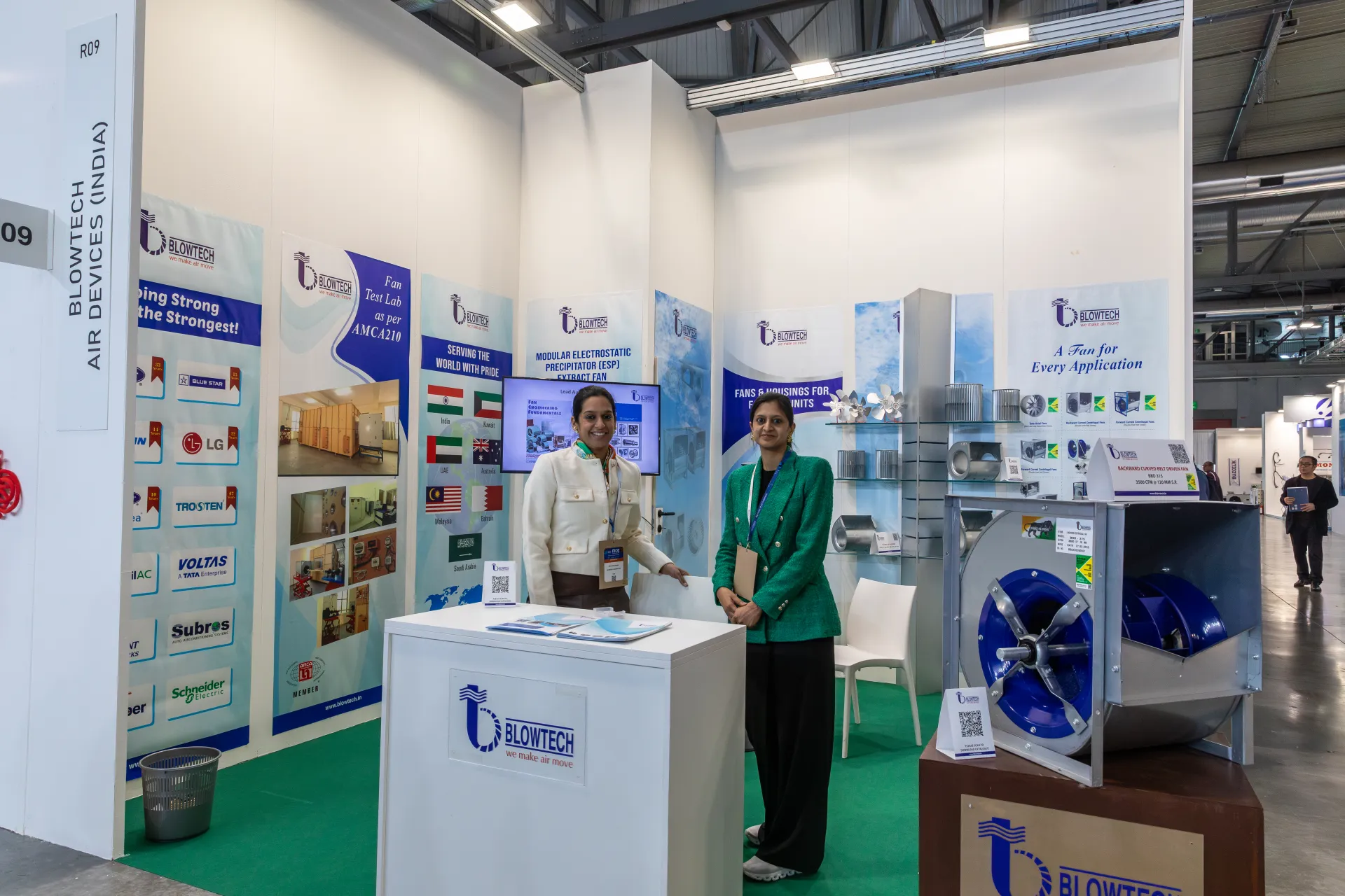 Blowtech stand with belt-driven backward-curved fan on display at MCE 2026