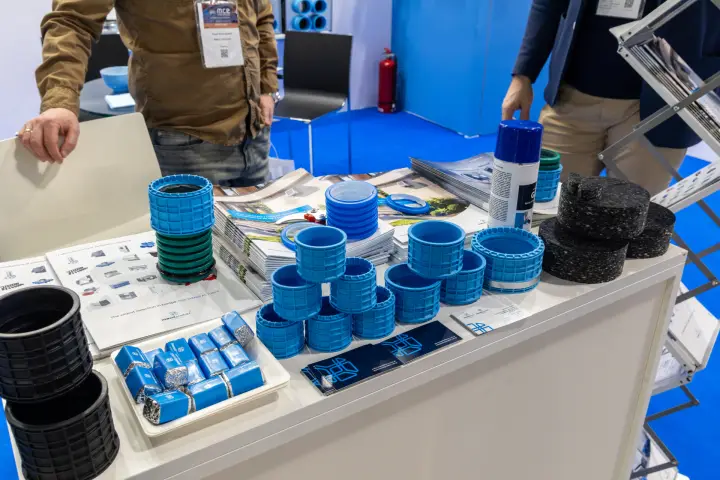 Blue ribbed duct collars and brochures on the Inwest Produkt counter