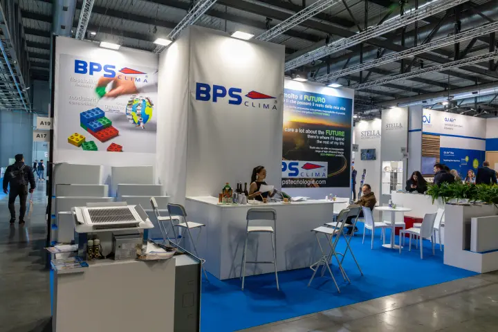 BPS Clima stand with a cassette unit and stacked white terminal units at MCE 2026