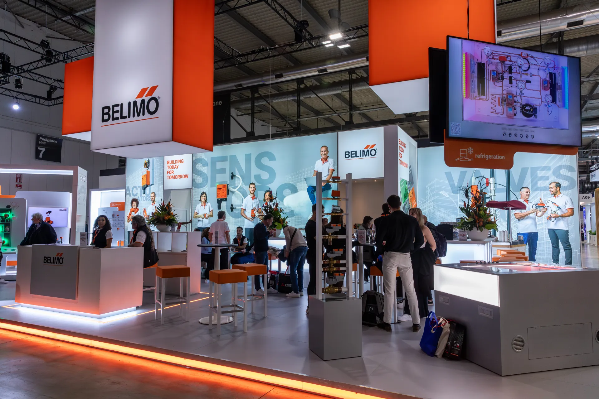 Busy Belimo lounge with sensors and valves graphics and refrigeration screen at MCE 2026
