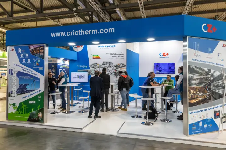 Busy Criotherm stand with BACS and energy-efficiency graphics at MCE 2026