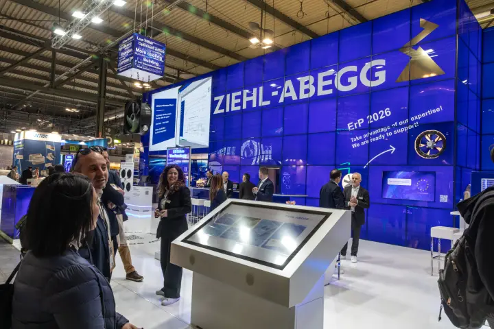 Busy Ziehl-Abegg stand with touch kiosk and ErP 2026 video wall