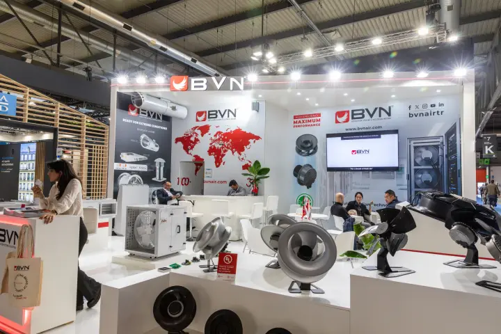 BVN stand front with plug fans, impellers and axial fans on display at MCE 2026