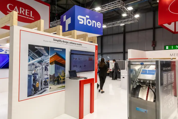 Carel Projects Hub wall with design tools screen and Stone cube above