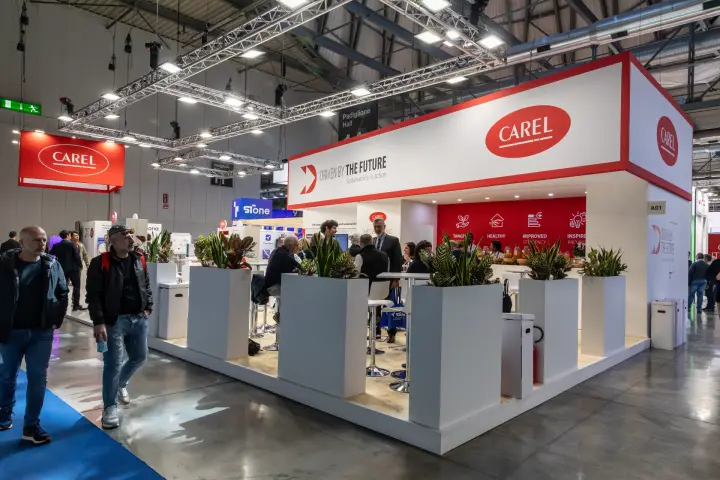 Carel stand with planter screen and hospitality area at MCE 2026