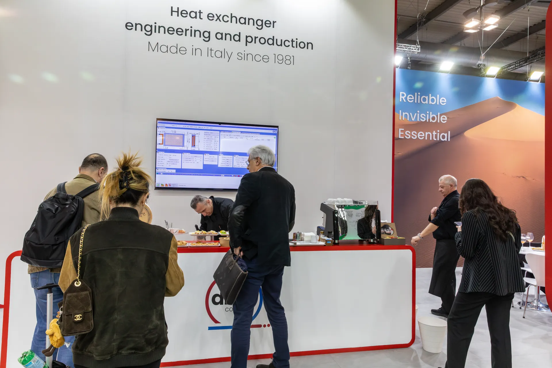 Catering counter below heat exchanger software and a Made in Italy since 1981 slogan at MCE 2026