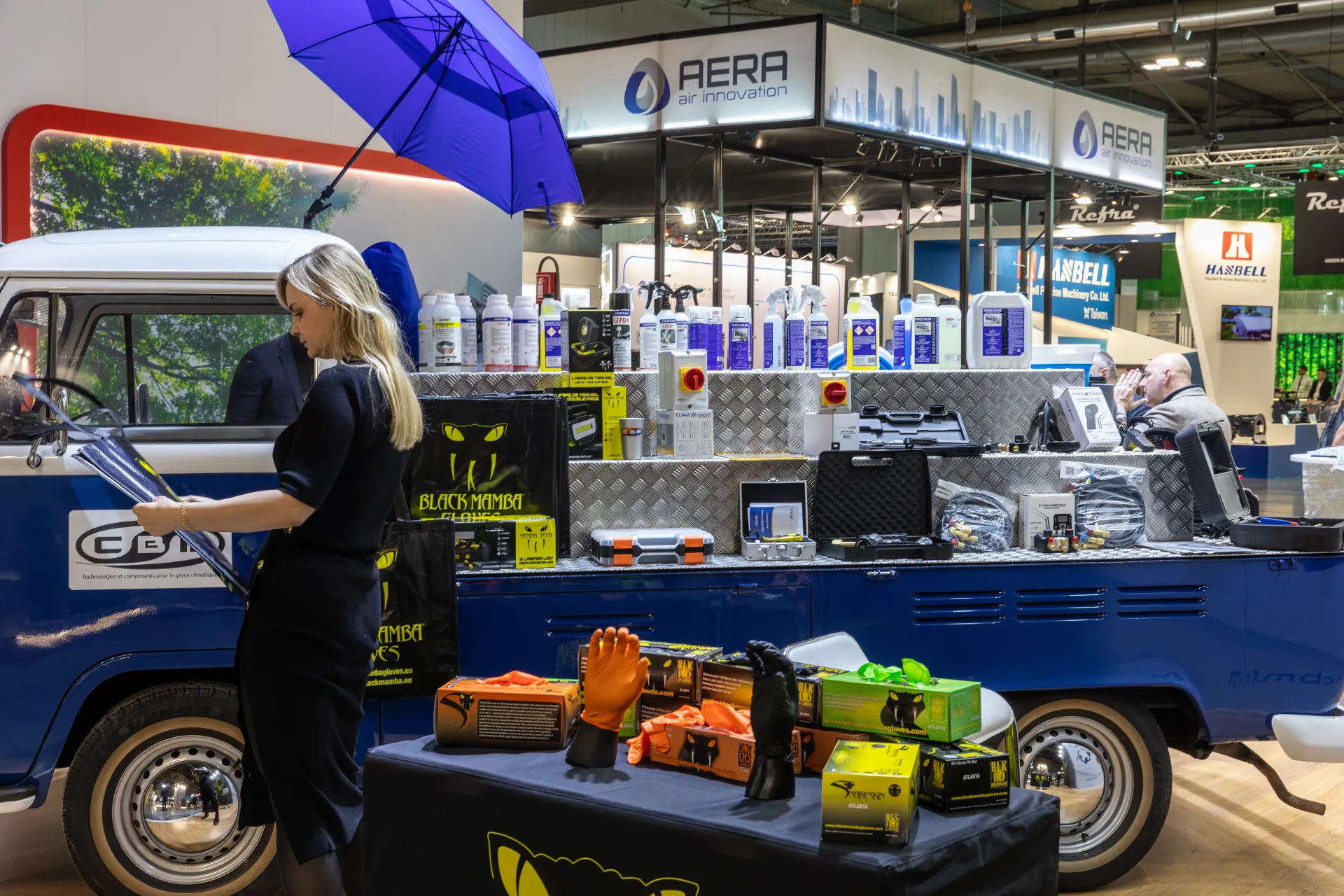 CBM refrigeration tools and Black Mamba gloves displayed on a vintage van at MCE 2026