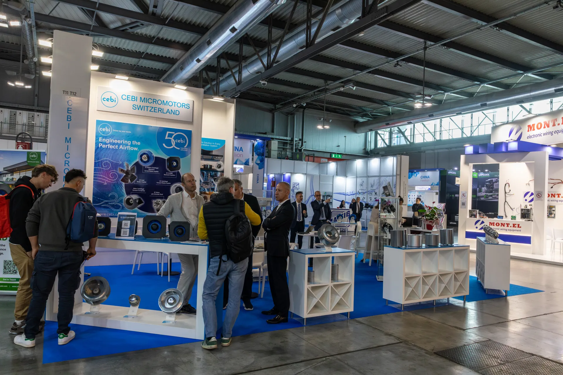 Cebi Micromotors stand with impellers and Engineering the Perfect Airflow panel at MCE 2026